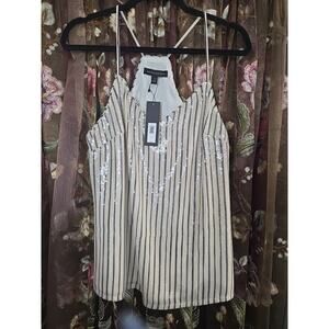 BANANA REPUBLIC Navy Cream Striped Sequin V-Neck Top Racerback Cami Small NWT